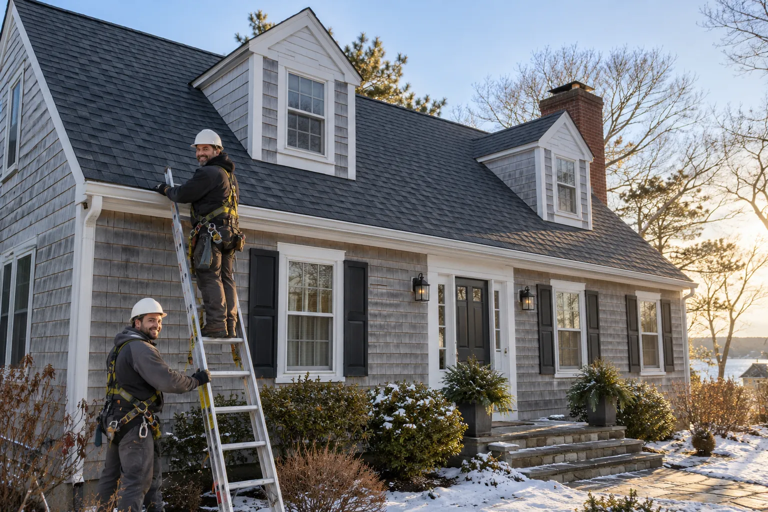 Roofer inspecting shingles on a family home in Kinnelon