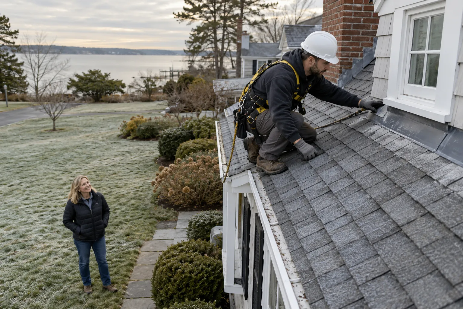 Local roofing provider inspecting a shingle roof on a home in the Kinnelon area