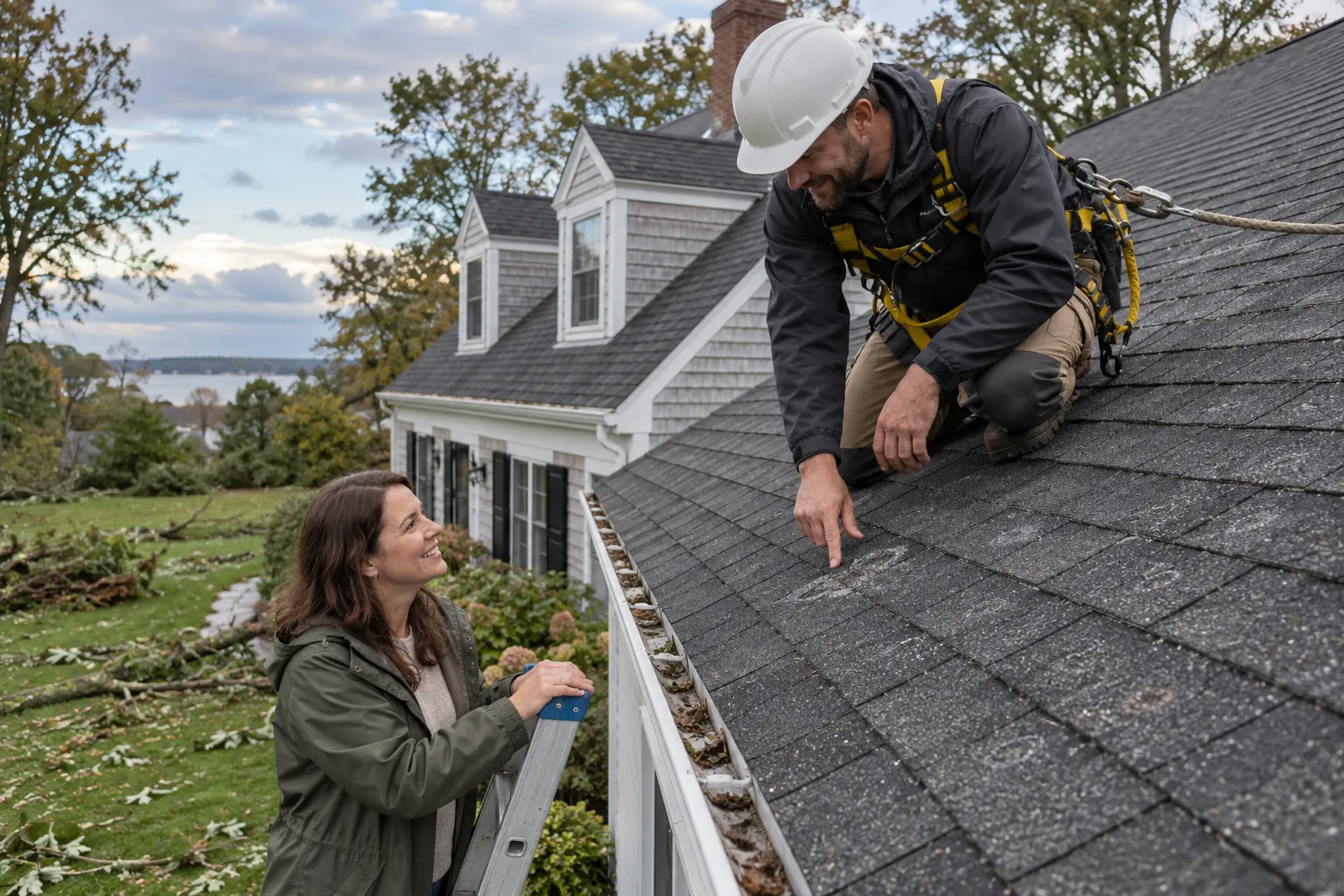 Roofing provider inspecting hail-damaged shingles on a home near Kinnelon